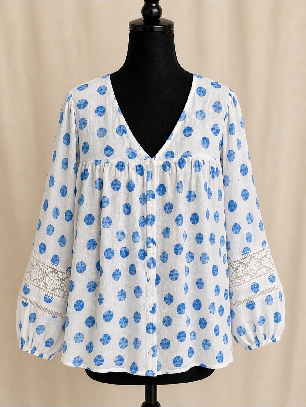 Hope & Harlow Blue Polka Dot Boho Blouse Lace Sleeve Sheer Top L